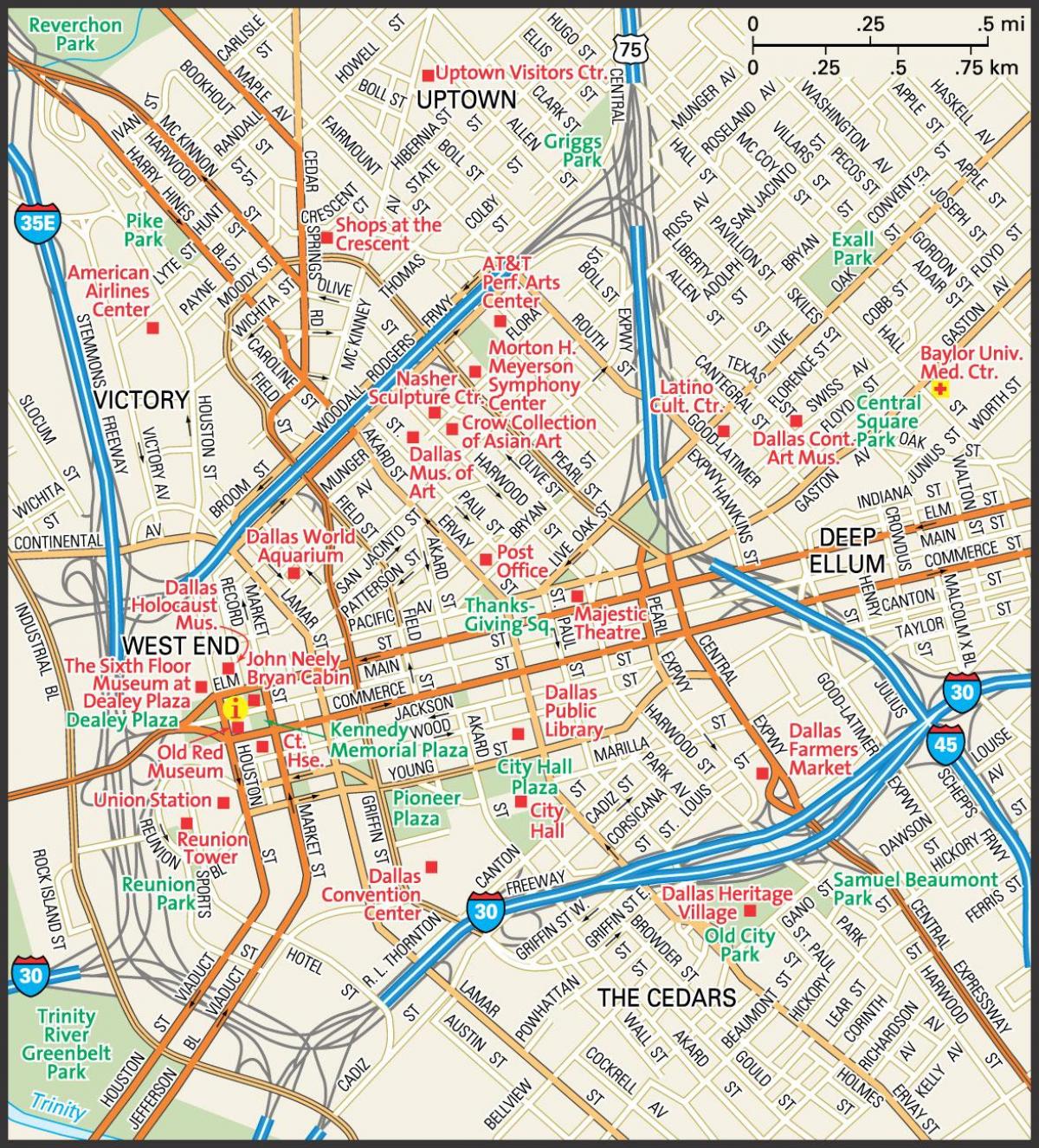 kort over centrum af Dallas gader