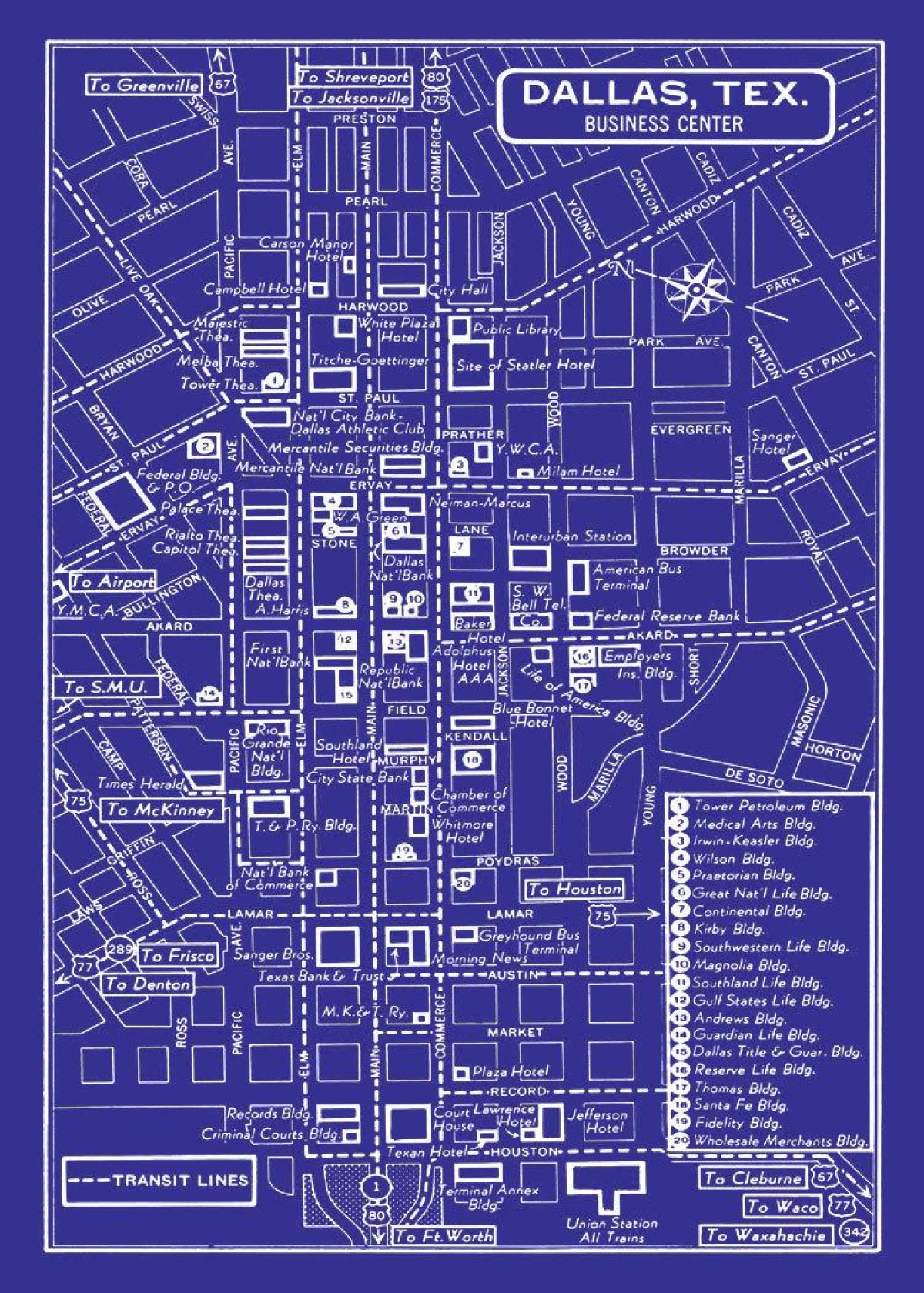 kort over centrum af Dallas